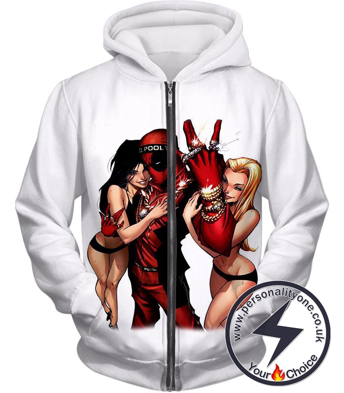 Super Cool Playboy Hero Deadpool White Zip Up Hoodie